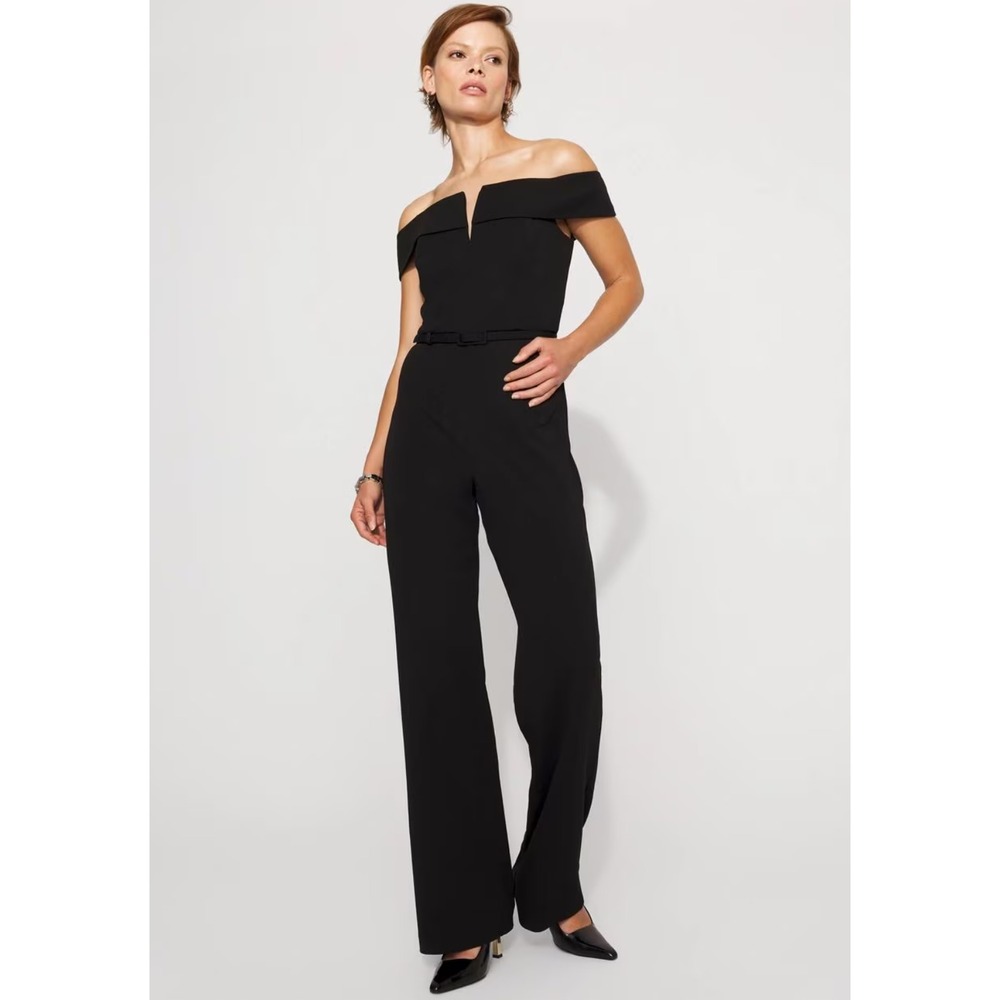 White House Black Market WHBM OTS Jumpsuit Black Wide Leg 6 570400100 New
